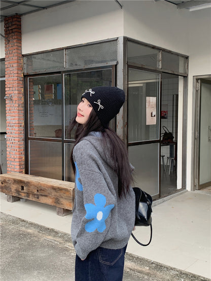 【F60732】復古撞色・花朵雙拉鍊連帽針織小外套260928