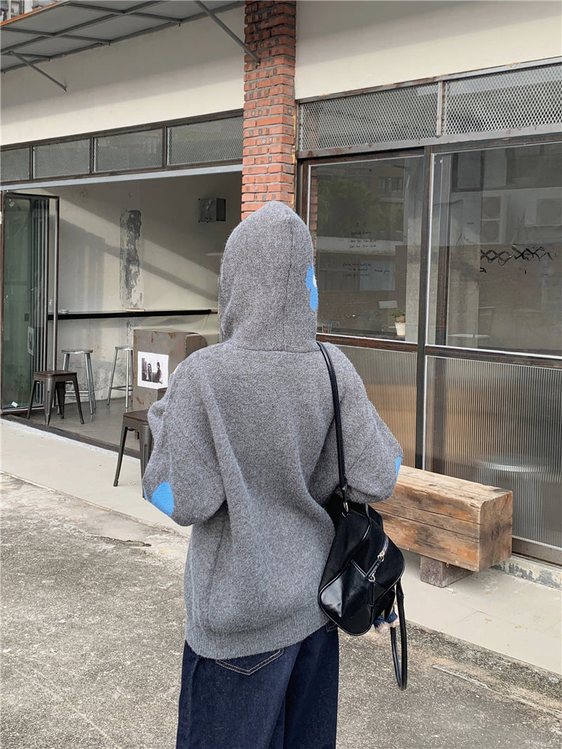 【F60732】復古撞色・花朵雙拉鍊連帽針織小外套260928