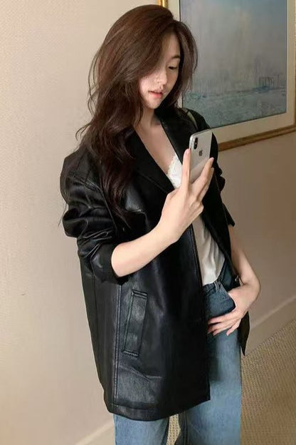 【F60808】韓系通勤・西裝領PU皮革外套261019