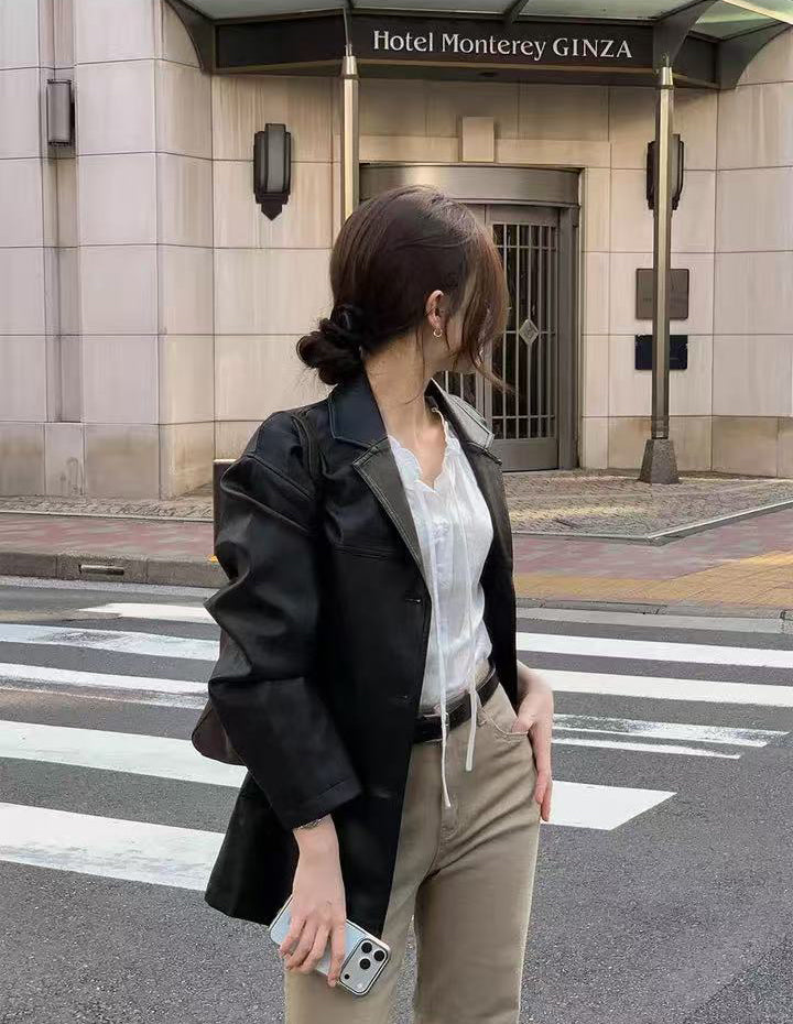 【F60808】韓系通勤・西裝領PU皮革外套261019