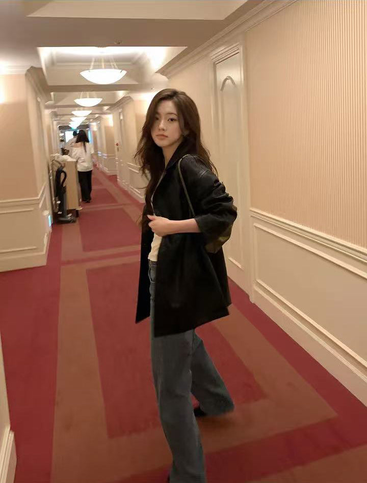 【F60808】韓系通勤・西裝領PU皮革外套261019