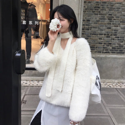 【F60777】柔美復古・掛脖飄帶寬鬆毛衣261012