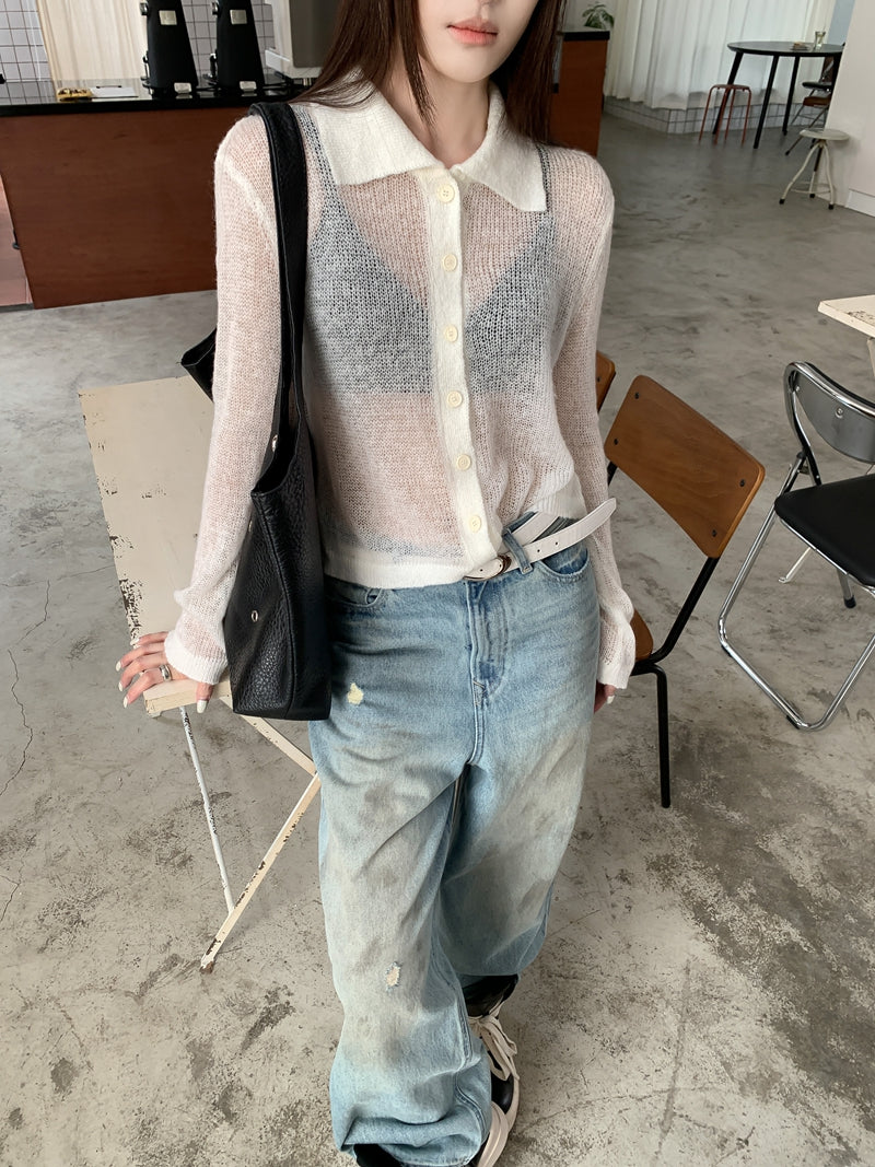 【F60796】復古鏤空・翻領輕薄馬海毛短版針織上衣261019