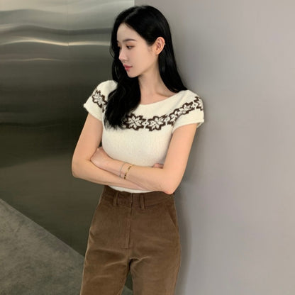 【F60779】復古提花・短袖針織上衣261012