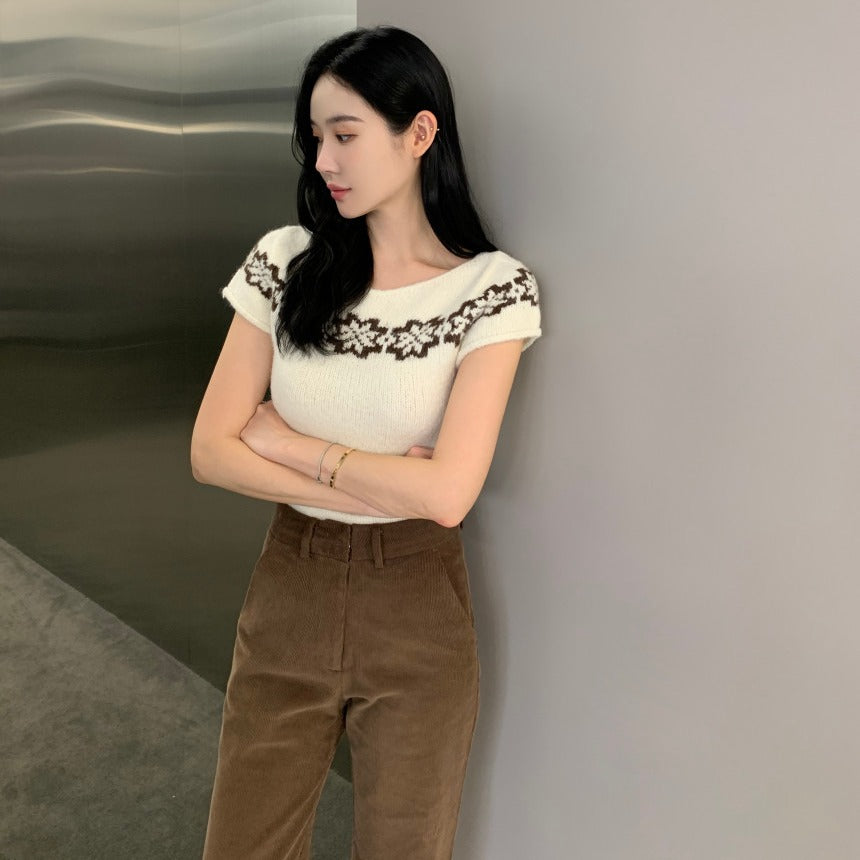 【F60779】復古提花・短袖針織上衣261012