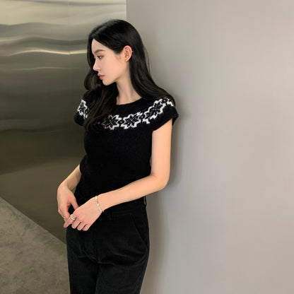 【F60779】復古提花・短袖針織上衣261012