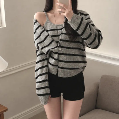 【F60718】復古時髦・撞色條紋針織小外套與細肩帶兩件式套裝260928