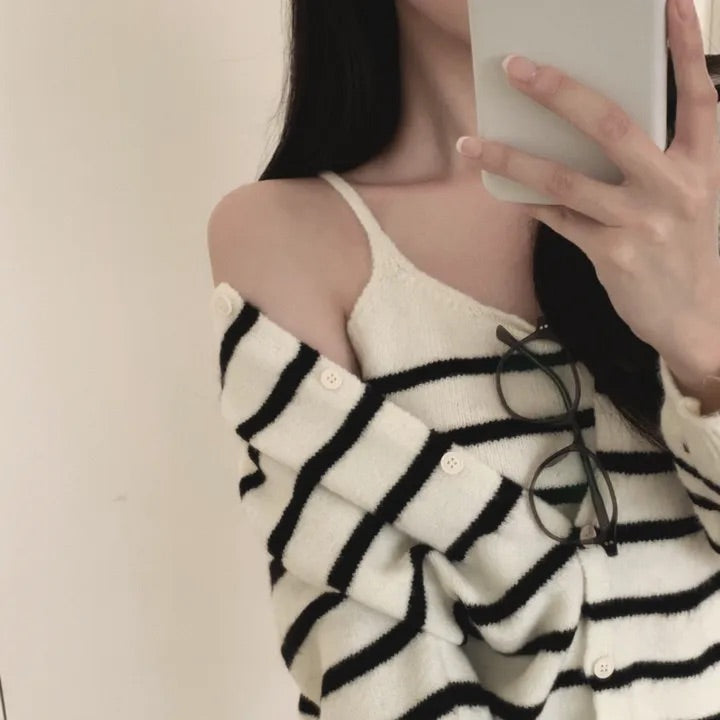 【F60718】復古時髦・撞色條紋針織小外套與細肩帶兩件式套裝260928