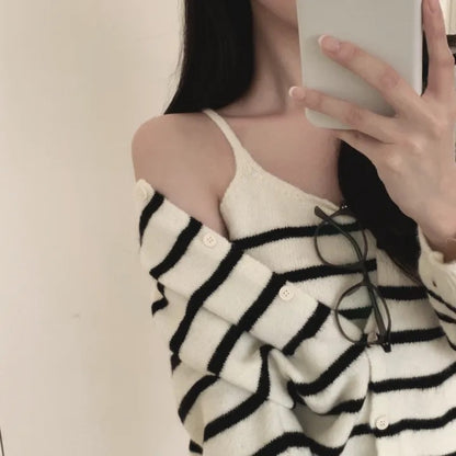 【F60718】復古時髦・撞色條紋針織小外套與細肩帶兩件式套裝260928