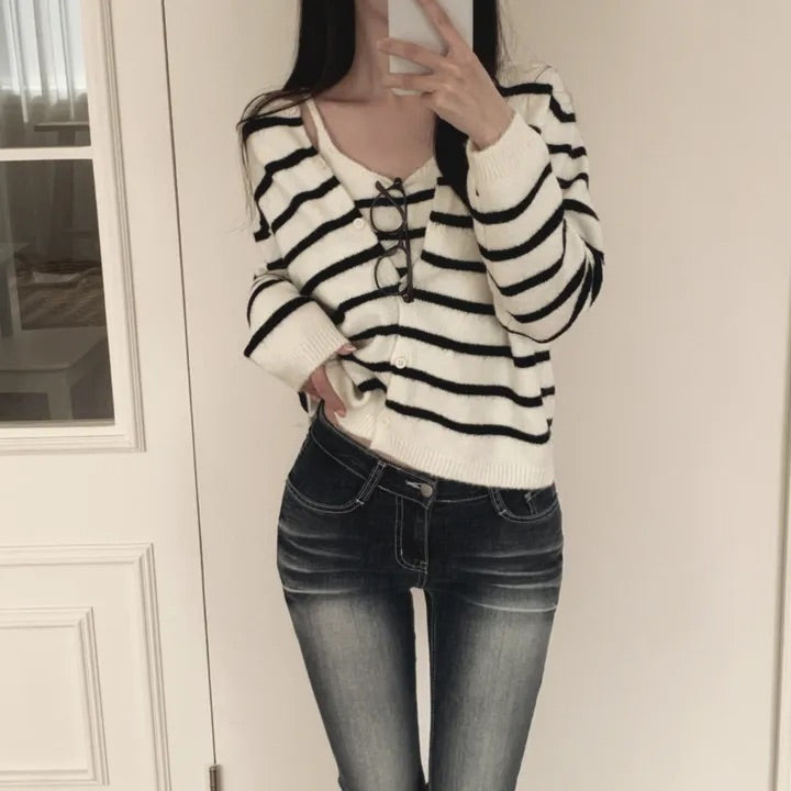 【F60718】復古時髦・撞色條紋針織小外套與細肩帶兩件式套裝260928