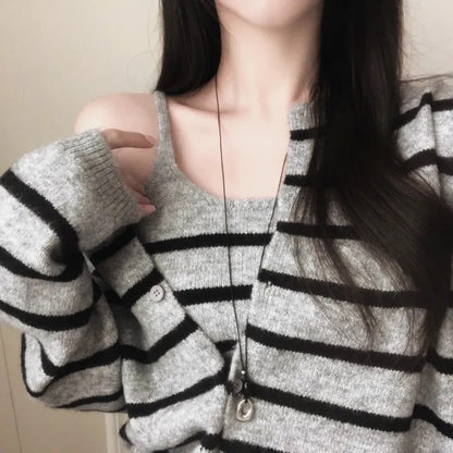 【F60718】復古時髦・撞色條紋針織小外套與細肩帶兩件式套裝260928