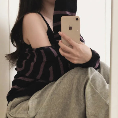 【F60718】復古時髦・撞色條紋針織小外套與細肩帶兩件式套裝260928