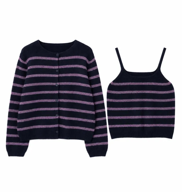 【F60718】復古時髦・撞色條紋針織小外套與細肩帶兩件式套裝260928