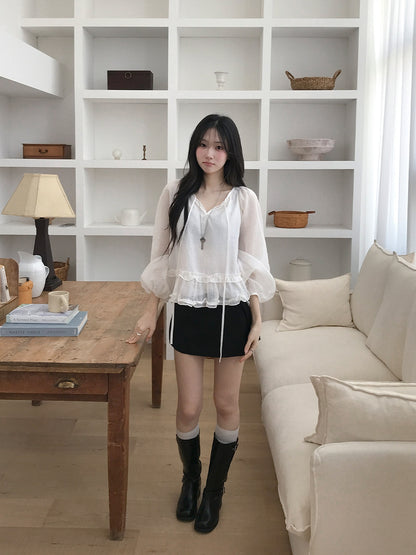 【F60723】法式溫柔・木耳邊綁帶寬鬆慵懶長袖襯衫260928