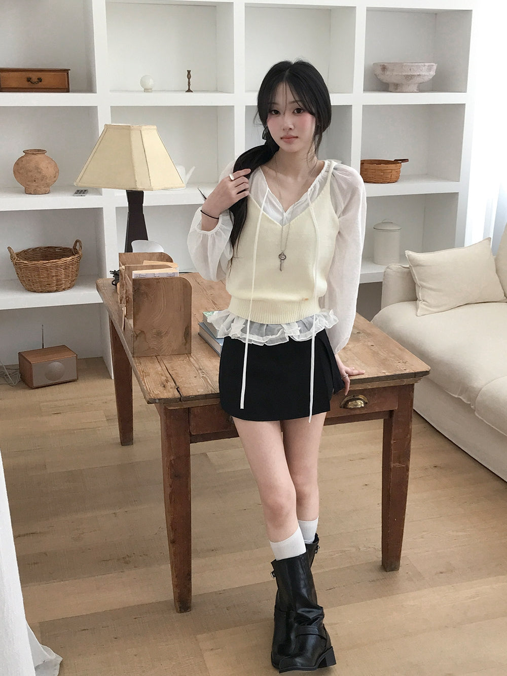 【F60723】法式溫柔・木耳邊綁帶寬鬆慵懶長袖襯衫260928