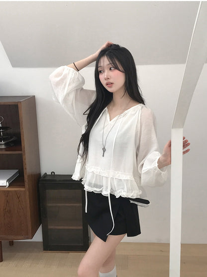 【F60723】法式溫柔・木耳邊綁帶寬鬆慵懶長袖襯衫260928