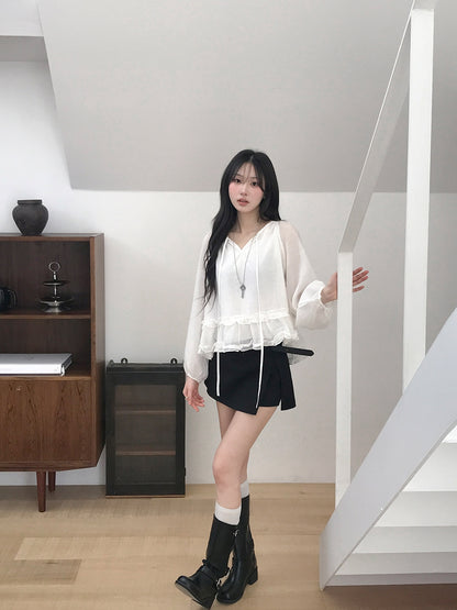 【F60723】法式溫柔・木耳邊綁帶寬鬆慵懶長袖襯衫260928