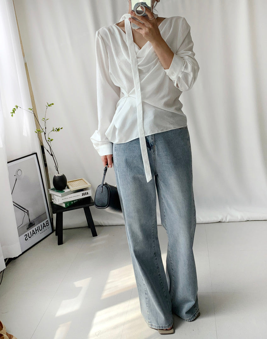 【F60774】法式設計・掛脖飄帶側釦長袖襯衫261012