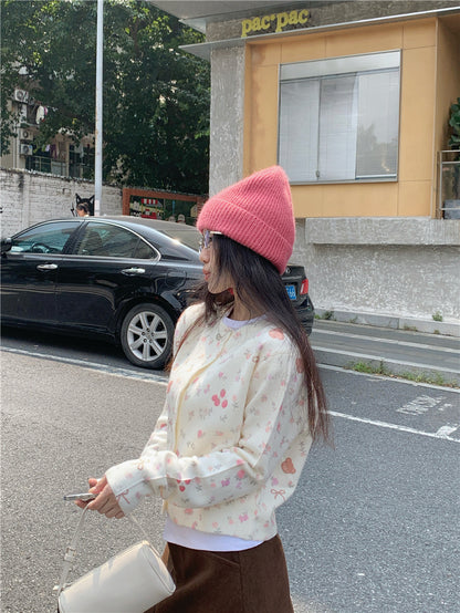 【F60728】甜美碎花小熊・蝴蝶結米白短版針織小外套260928
