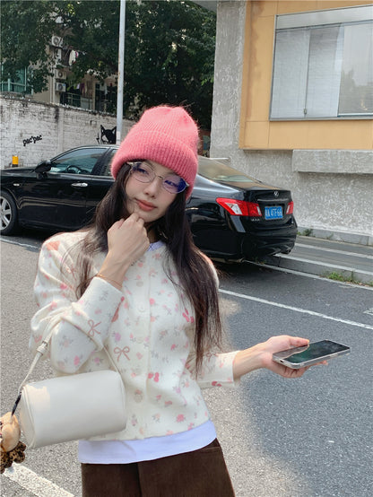 【F60728】甜美碎花小熊・蝴蝶結米白短版針織小外套260928