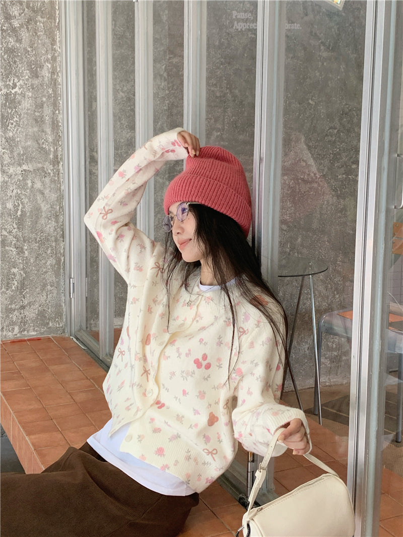 【F60728】甜美碎花小熊・蝴蝶結米白短版針織小外套260928