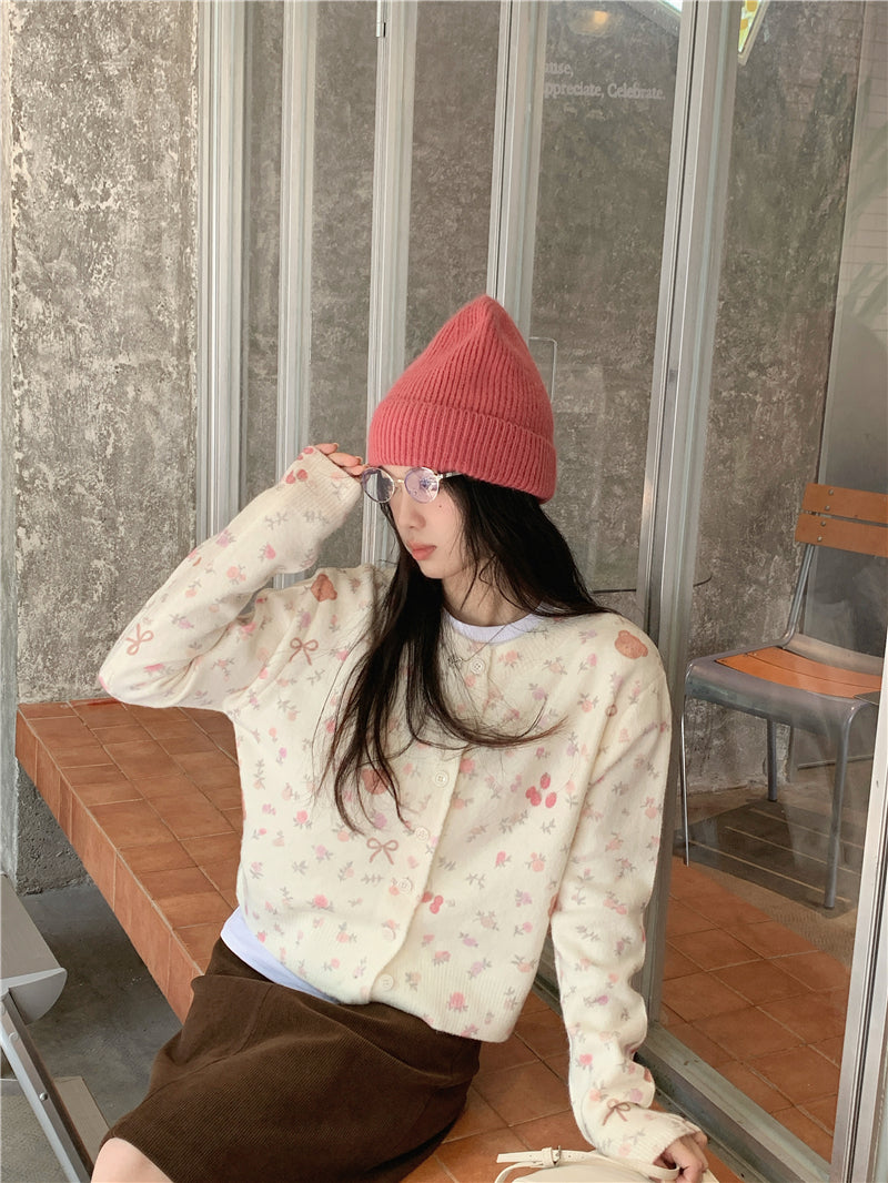 【F60728】甜美碎花小熊・蝴蝶結米白短版針織小外套260928