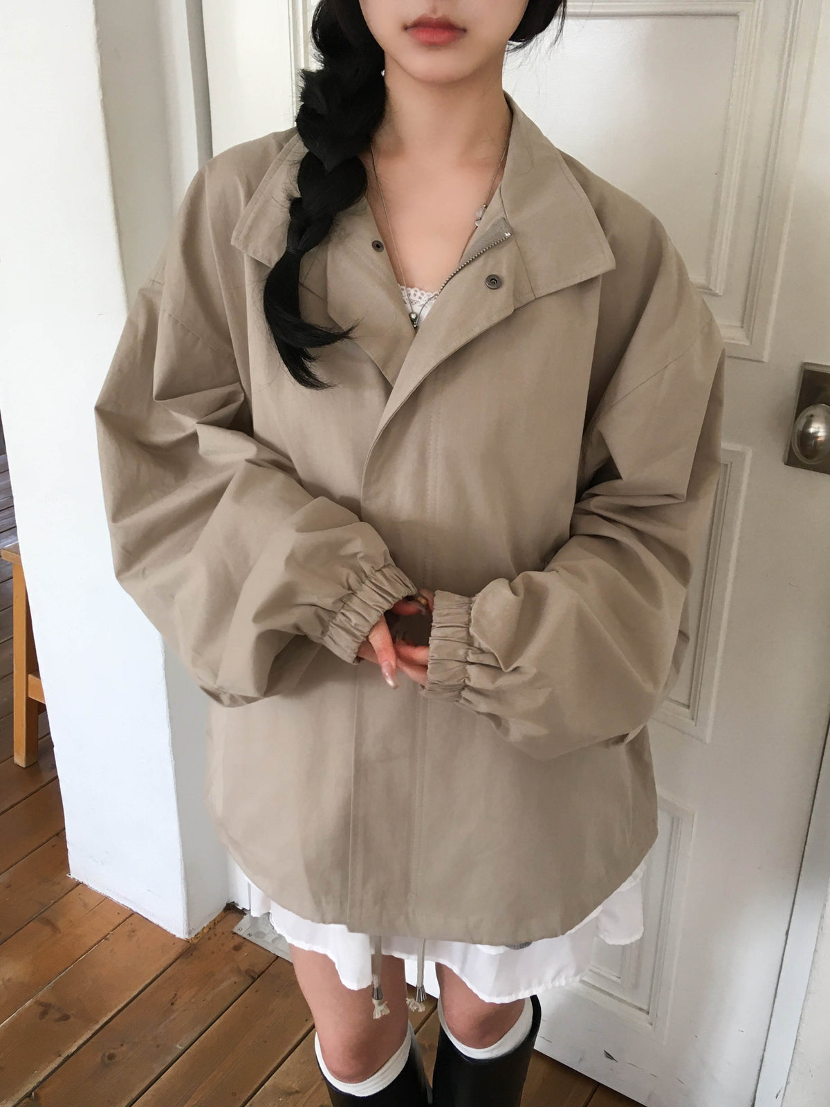 【F60720】復古休閒・翻領工裝拉鍊抽繩縮腰風衣夾克260928