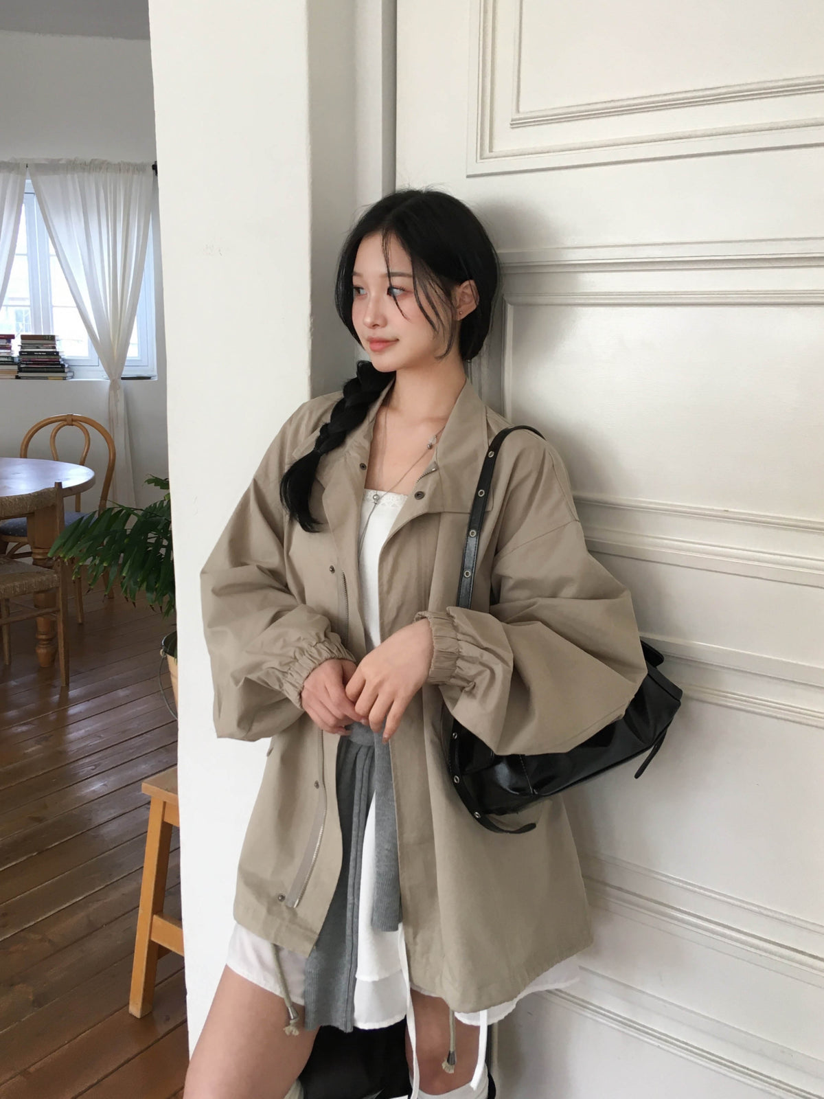 【F60720】復古休閒・翻領工裝拉鍊抽繩縮腰風衣夾克260928