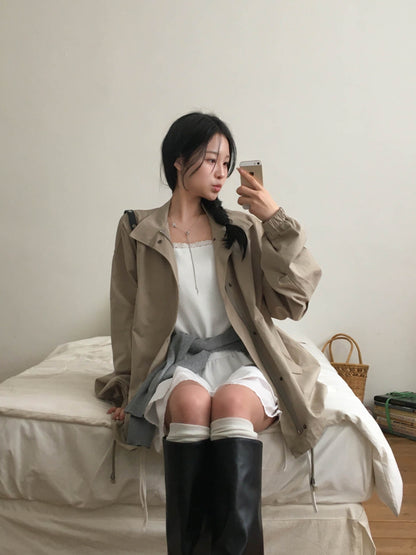 【F60720】復古休閒・翻領工裝拉鍊抽繩縮腰風衣夾克260928