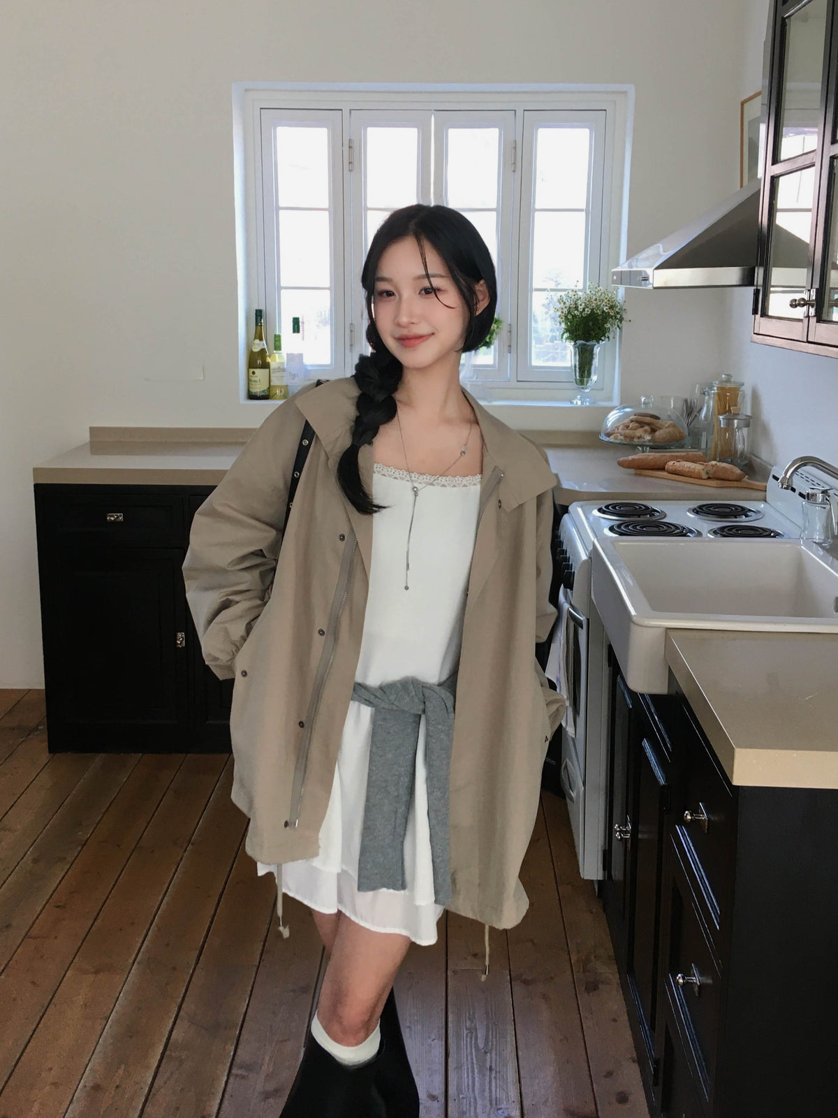【F60720】復古休閒・翻領工裝拉鍊抽繩縮腰風衣夾克260928