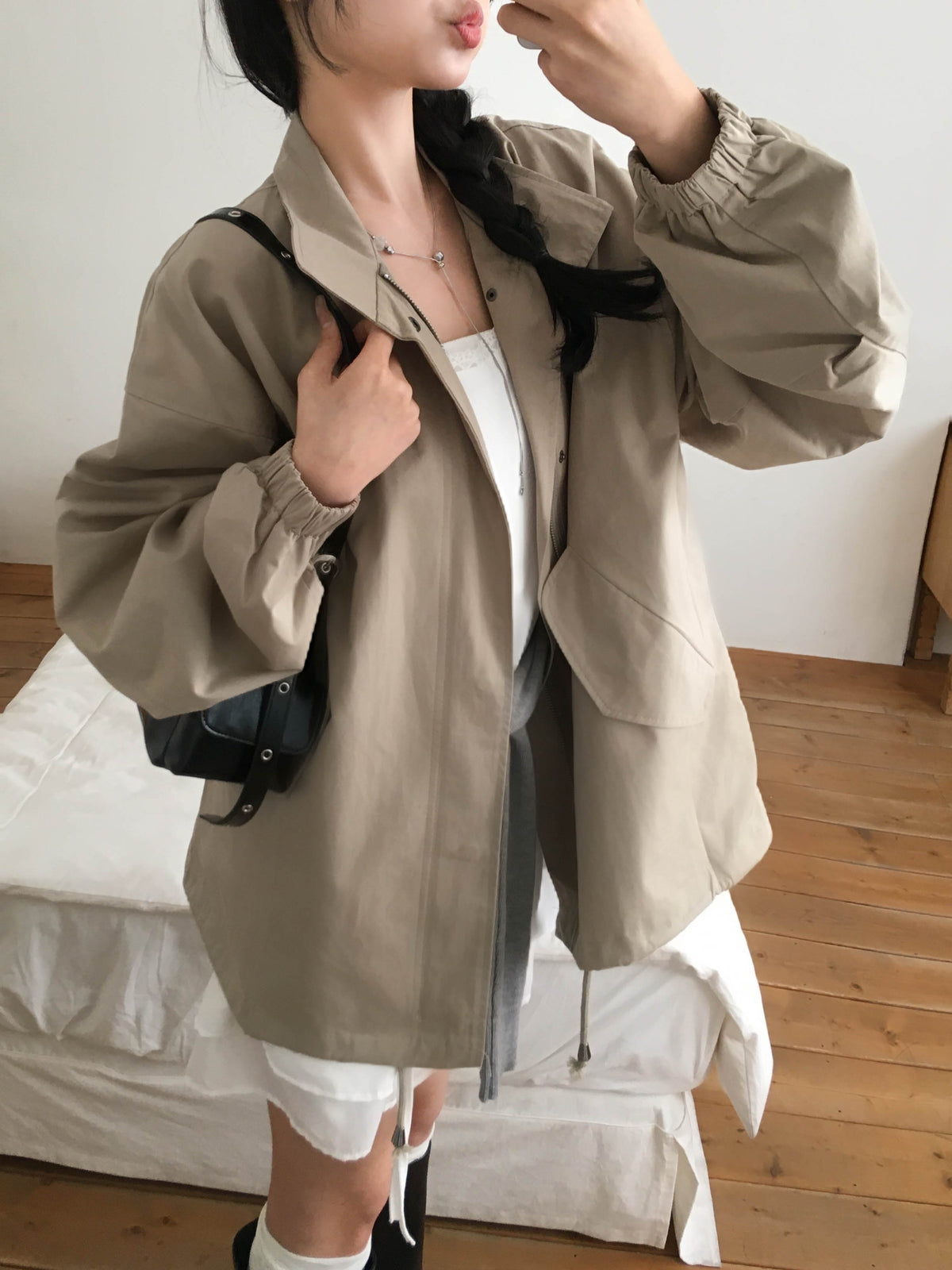 【F60720】復古休閒・翻領工裝拉鍊抽繩縮腰風衣夾克260928