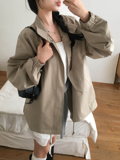 【F60720】復古休閒・翻領工裝拉鍊抽繩縮腰風衣夾克260928