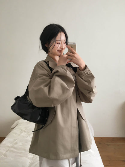 【F60720】復古休閒・翻領工裝拉鍊抽繩縮腰風衣夾克260928
