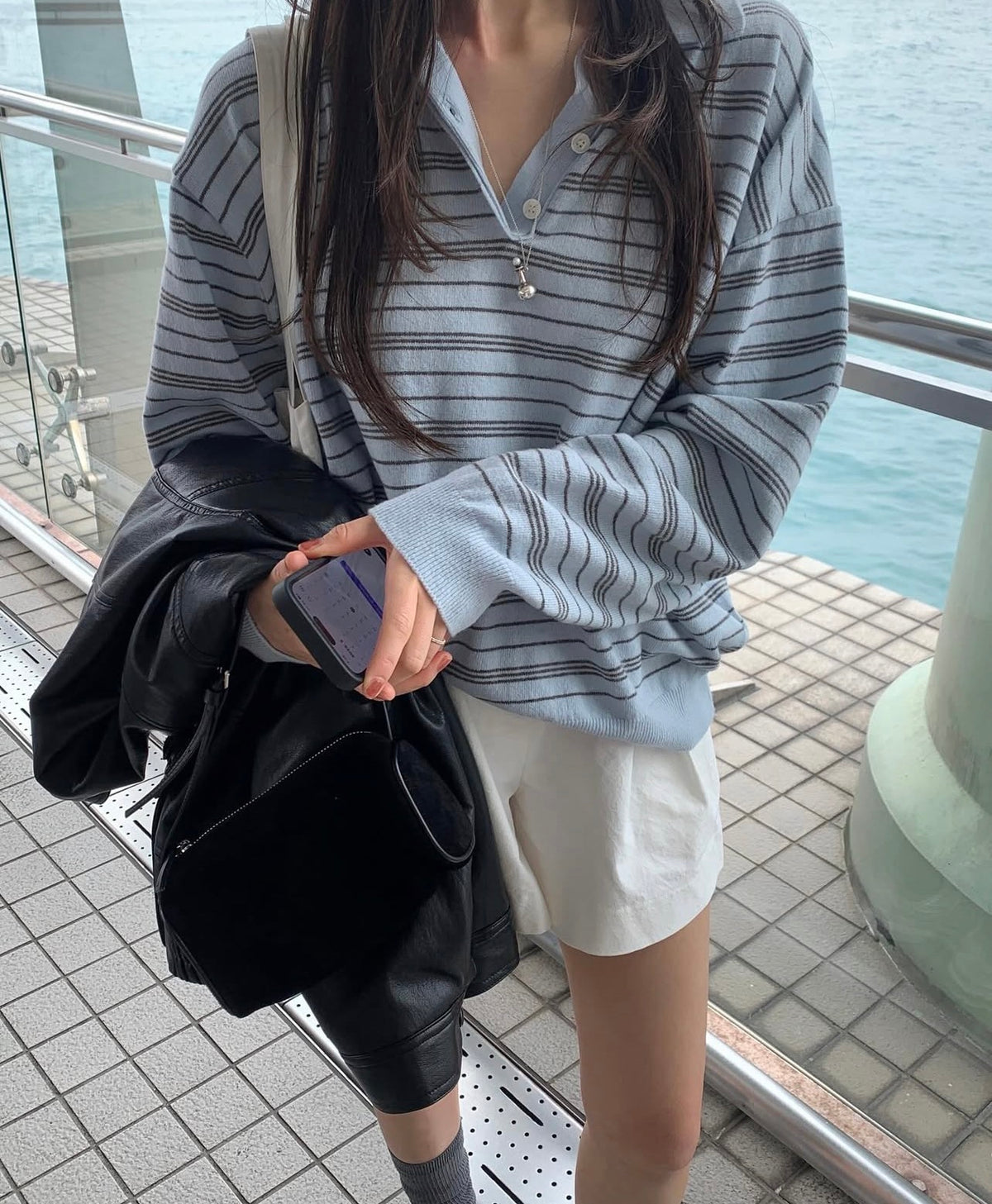 【F60775】復古學院・翻領寬鬆條紋針織上衣261012