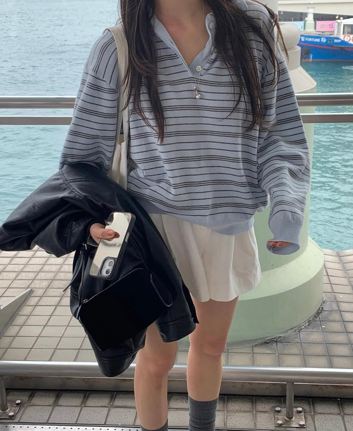 【F60775】復古學院・翻領寬鬆條紋針織上衣261012