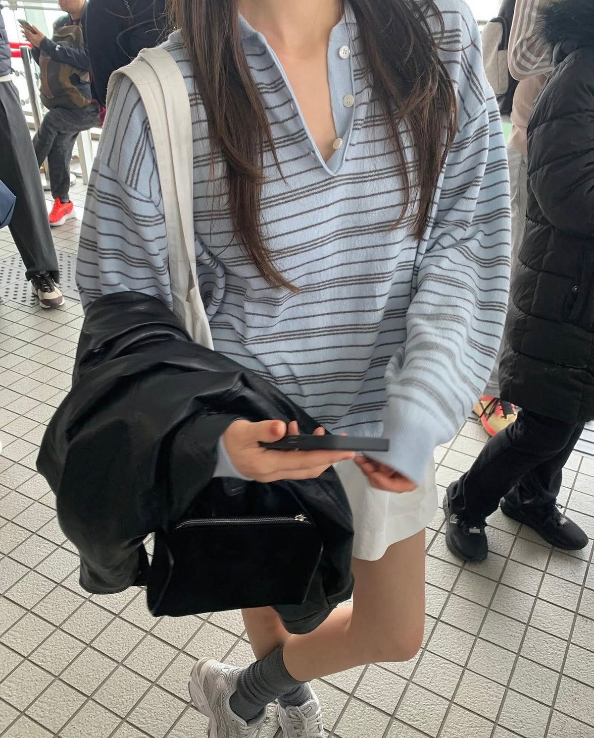 【F60775】復古學院・翻領寬鬆條紋針織上衣261012