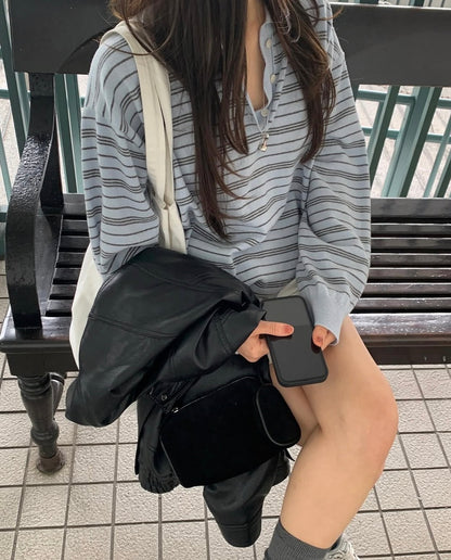 【F60775】復古學院・翻領寬鬆條紋針織上衣261012