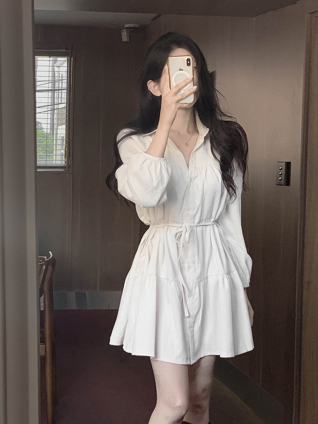 【F60756】甜美復古・泡泡袖綁帶燈芯絨洋裝261012