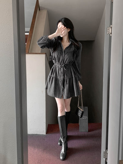【F60756】甜美復古・泡泡袖綁帶燈芯絨洋裝261012