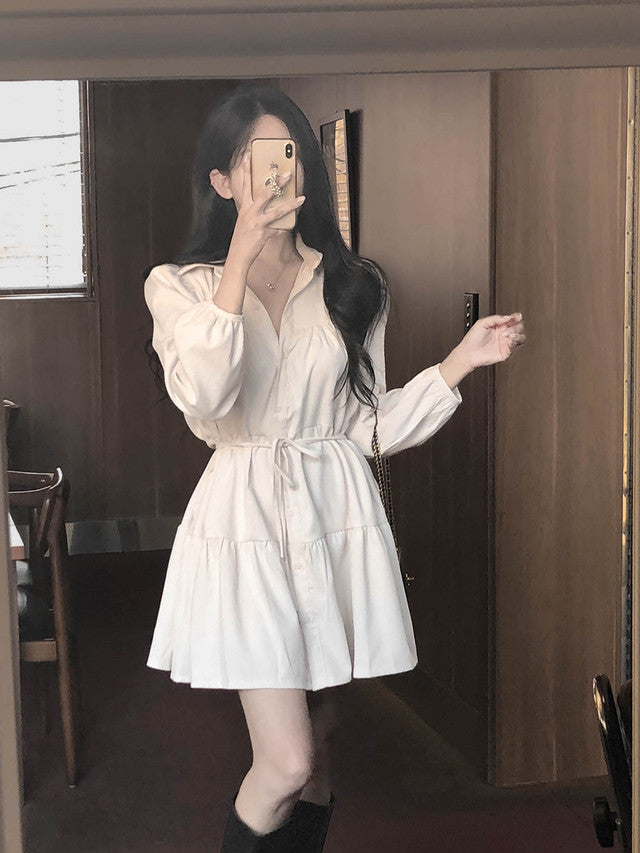 【F60756】甜美復古・泡泡袖綁帶燈芯絨洋裝261012