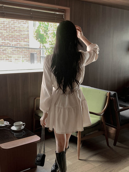 【F60756】甜美復古・泡泡袖綁帶燈芯絨洋裝261012