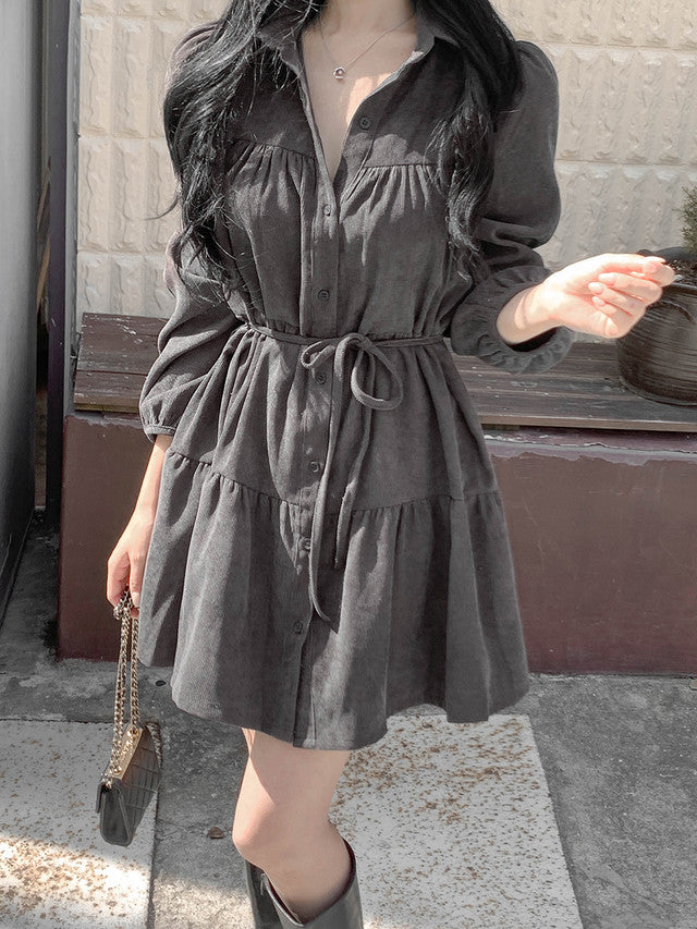 【F60756】甜美復古・泡泡袖綁帶燈芯絨洋裝261012