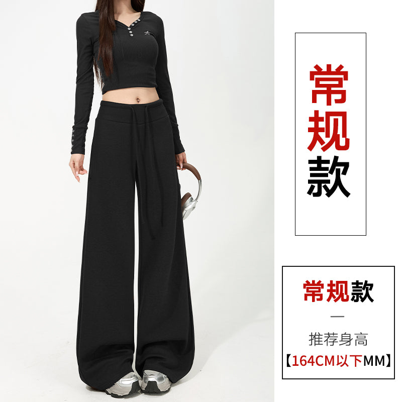 【F60805】S~XL休閒垂墜・高腰窄版羊羔絨加絨直筒寬褲261019