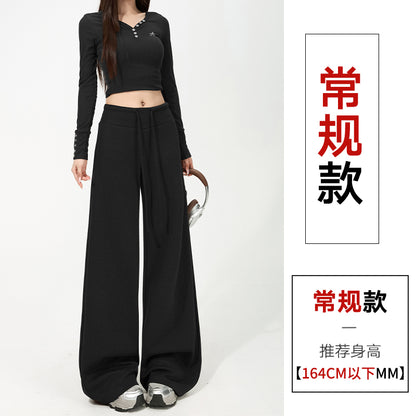【F60805】S~XL休閒垂墜・高腰窄版羊羔絨加絨直筒寬褲261019