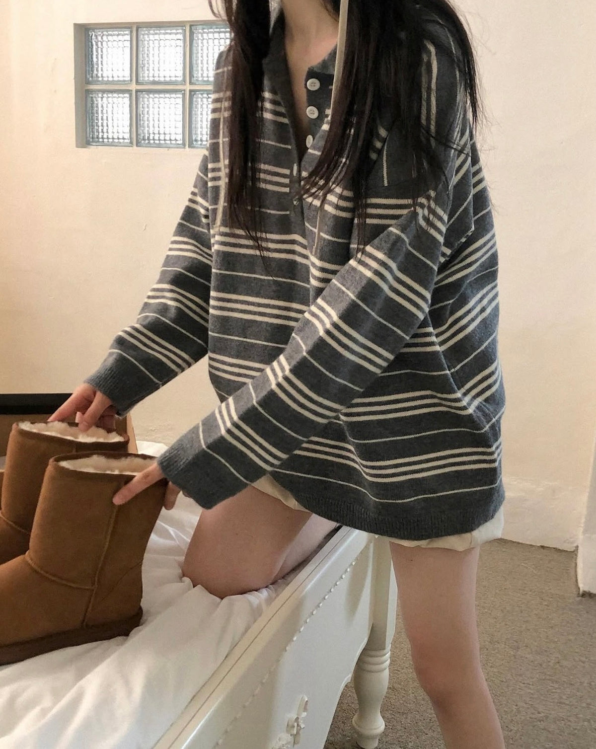 【F60786】韓系慵懶・POLO領條紋寬鬆針織毛衣261019