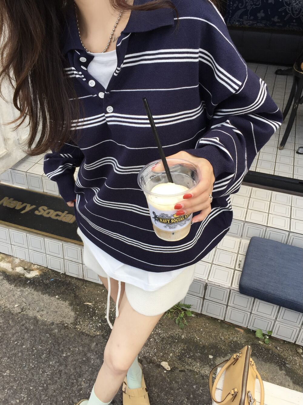 【F60786】韓系慵懶・POLO領條紋寬鬆針織毛衣261019