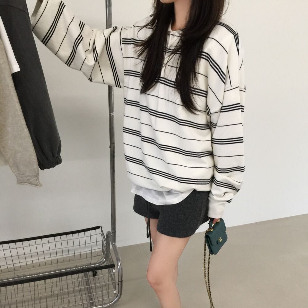 【F60786】韓系慵懶・POLO領條紋寬鬆針織毛衣261019
