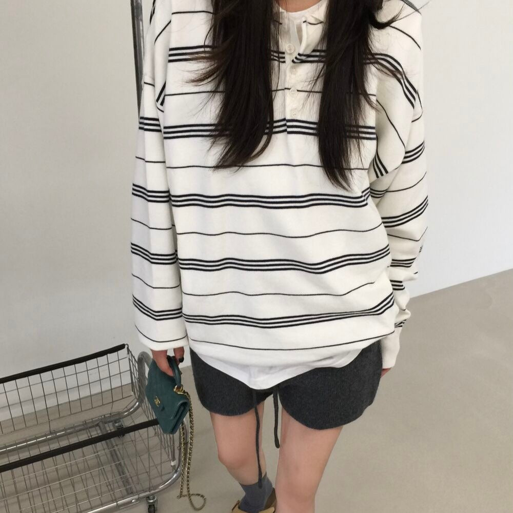 【F60786】韓系慵懶・POLO領條紋寬鬆針織毛衣261019