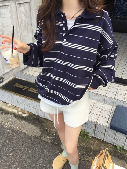 【F60786】韓系慵懶・POLO領條紋寬鬆針織毛衣261019