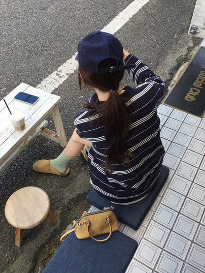 【F60786】韓系慵懶・POLO領條紋寬鬆針織毛衣261019